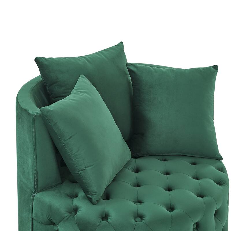 Green Modern 30" Upholstered Swivel Button Tufted Accent Chair with Movable Wheels and 3 Pillows