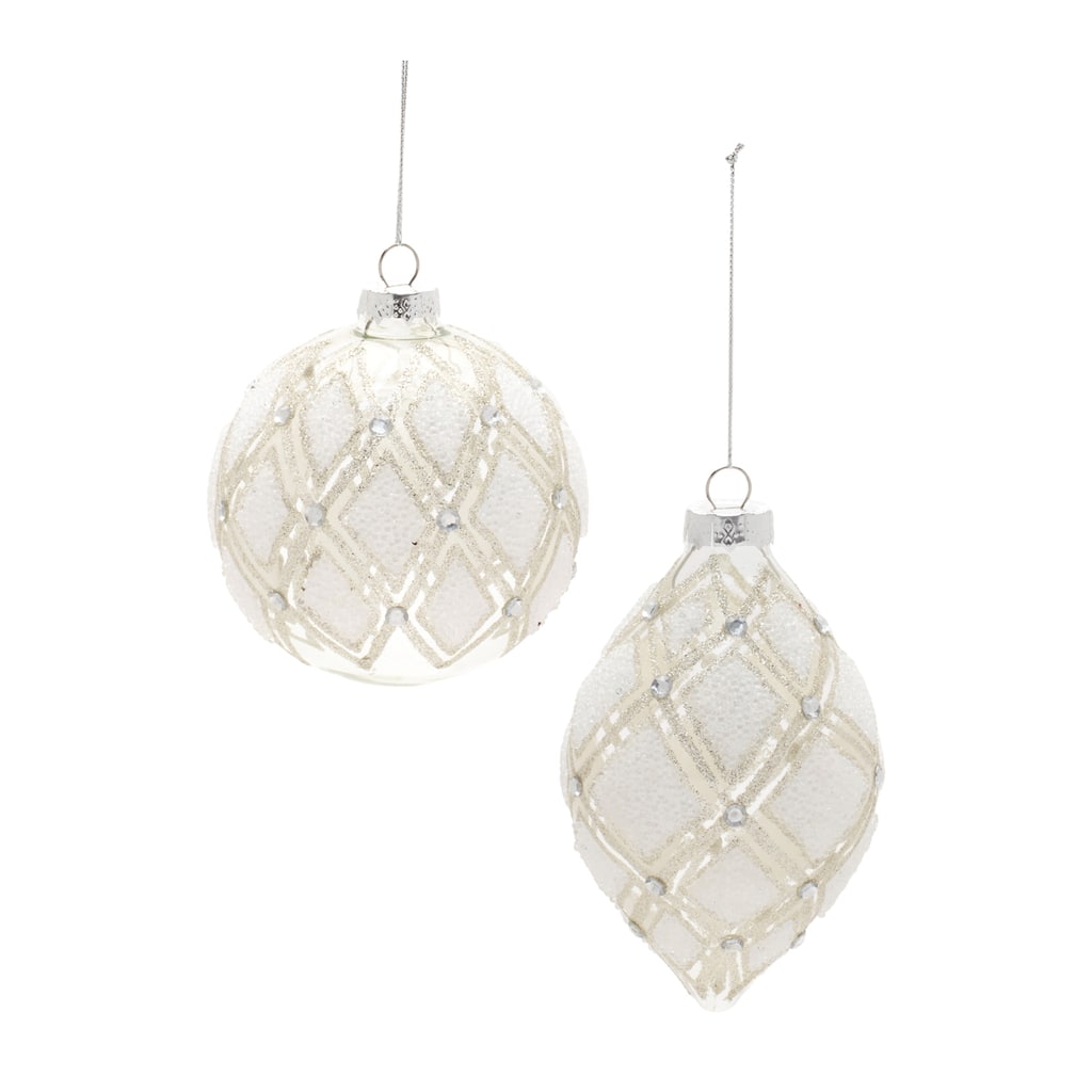 Jeweled Diamond Glass Ornaments Set of 6 Clear Christmas Decorations with White & Ivory Accents - 4” x 4” x 4.5”