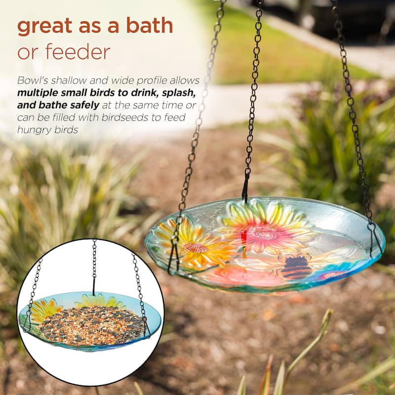10" Glass Hanging Bird Feeder w/ Flowers and Bee
