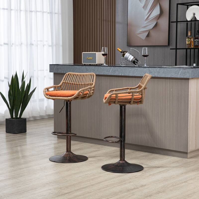 360° Swivel Bar Stools Set of 2, Adjustable Counter Height Chairs with Footrest, Rattan Bar Chairs with Cushions