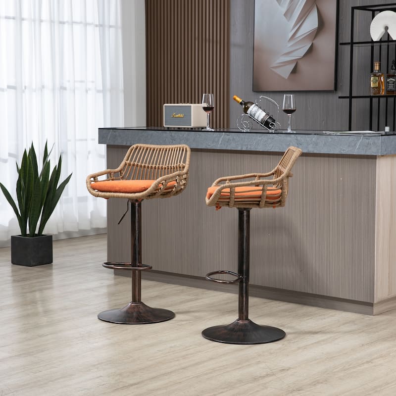 Upholstered Breakfast Stools Modern Swivel Adjustable Bar Stools Set Of 2 for Kitchen Dining Room Coffee House Orange