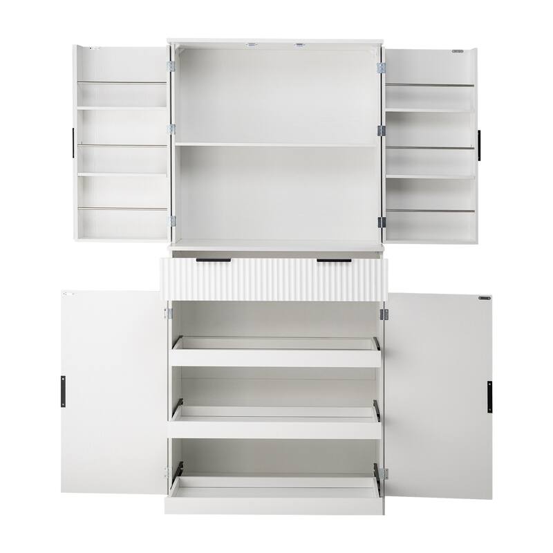 72" Fluted Kitchen Pantry Cabinet with 3 Keyboard Drawers & 6 Door Shelves Adjustable, Freestanding Cupboard Storage Cabinet