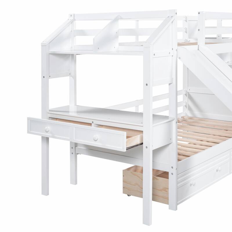 Twin over Twin Bunk Bed with Storage Staircase, Slide, Drawers, Desk, and Shelves