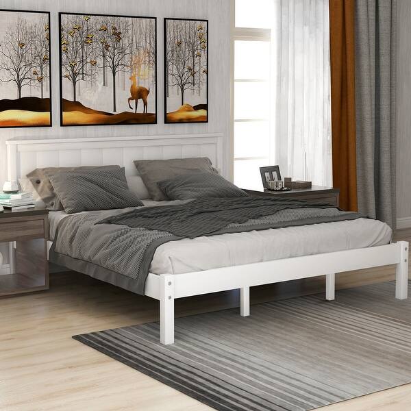slide 2 of 9, Rustic Queen Size Platform Solid Wood Queen Bed Frame with Headboard White - Queen
