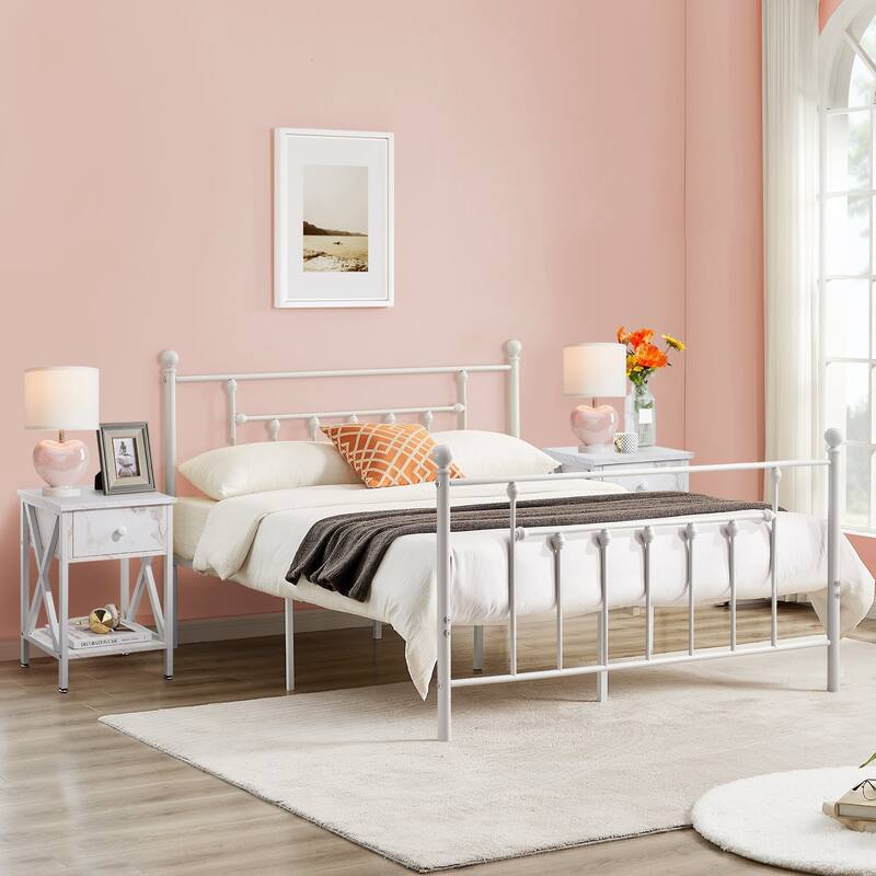 VECELO White Full Size Metal Bed Frame with Victorian Headboard Heavy Duty Bed Frame with Center Support 12.6in Underbed Storage - Full