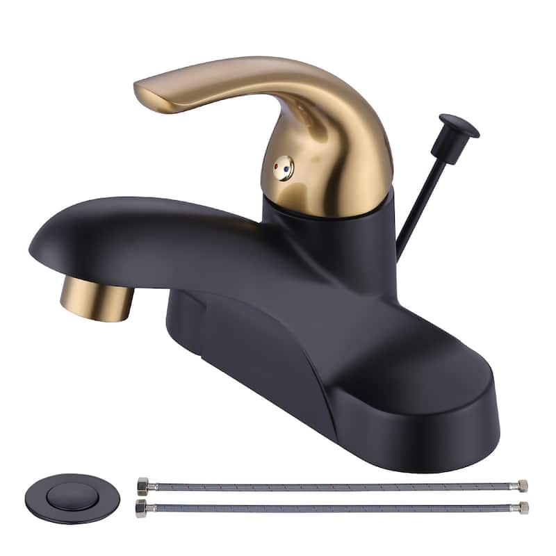 WOWOW 4 in. Centerset Single-Handle Low Arc Bathroom Faucet with Drain Kit Included - Gold and Black