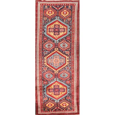 Navy Blue Ardebil Persian Vintage Runner Rug Handmade Wool Carpet - 3'5"x 10'5"