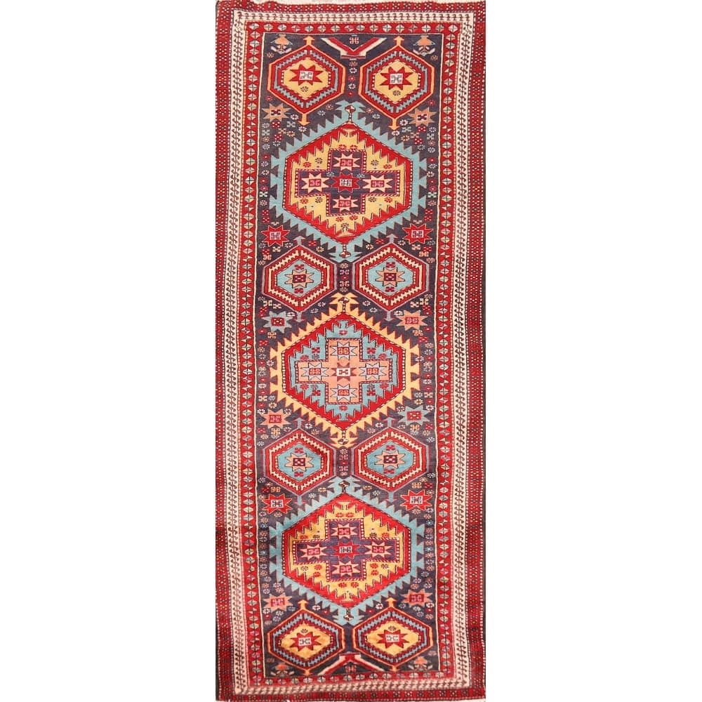 Navy Blue Ardebil Persian Vintage Runner Rug Handmade Wool Carpet - 3'5"x 10'5"