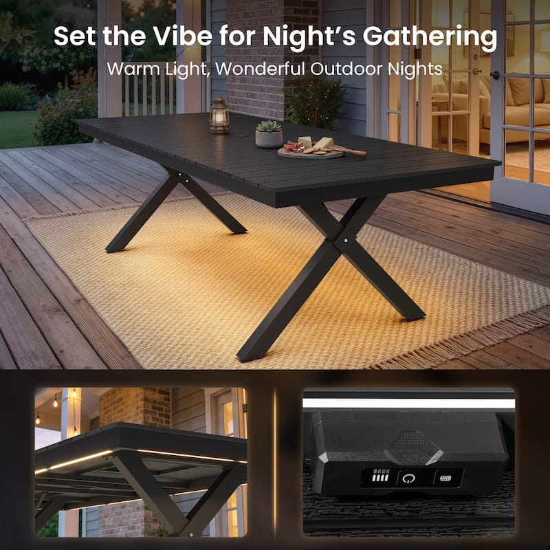 Outdoor Patio Dining Table with LED Light Strip Aluminum Rectangular X-Shaped with Umbrella Hole