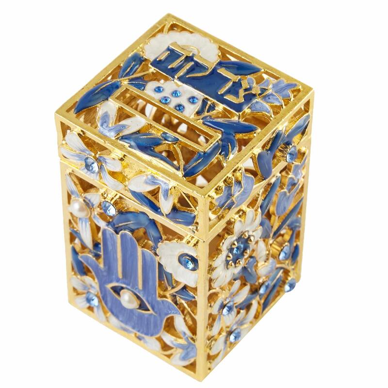 Matashi Hand-Painted Enamel Tzedakah Charity Box Embellished w/ Crystals & a Hamsa Protects Against Evil Eye Motif Design