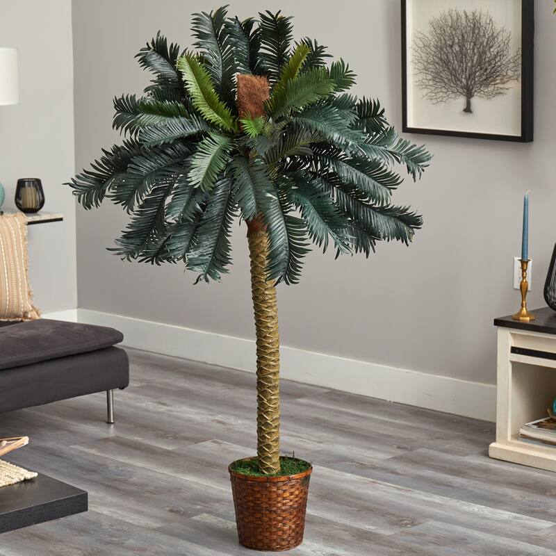 Artificial Sago Palm Tree - 5ft Indoor Tropical Plant in Basket - Home Decor - Green - 61 Inches and Over