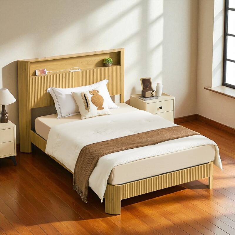 Full XL/Queen Bed Frame with Storage Headboard, USB Charging Station, Noise-Free Metal Platform with Curved Design - Natural - Full