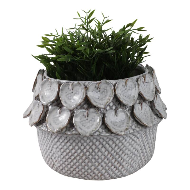 Stoneware Planter with Sculpted Leaf Accents and Textured Detailing