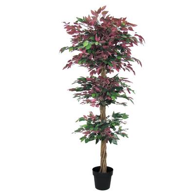 6ft Deluxe Green Red Artificial Ficus Tree Plant in Black Pot - Green Red