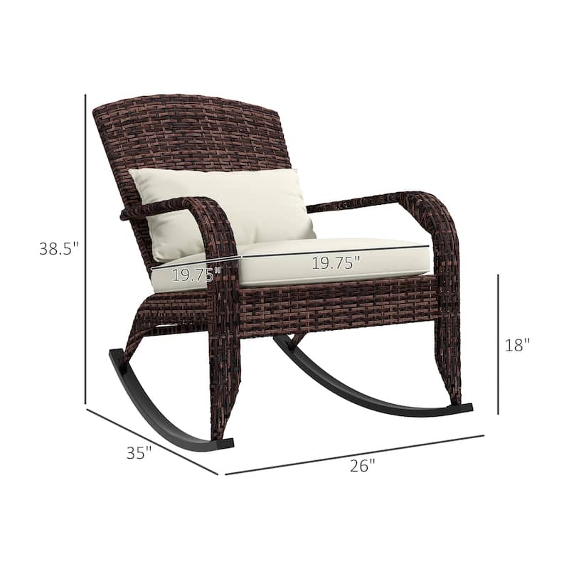 Outsunny Outdoor Wicker Adirondack Rocking Chair, Patio Rattan Rocker Chair with High Back, Seat Cushion, and Pillow for Garden