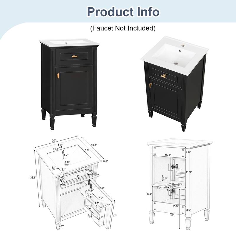 20" Bathroom Freestanding Vanity with Ceramic Sink,Solid Wood Legs,Adjustable Shelf,Tilt-Out Drawer