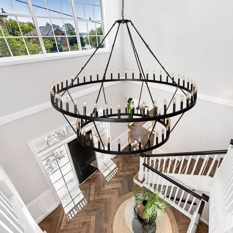 Black Large Wagon Wheel Chandelier 2 Tier 80-Light Farmhouse Chandelier - 53.1+78.7 inch