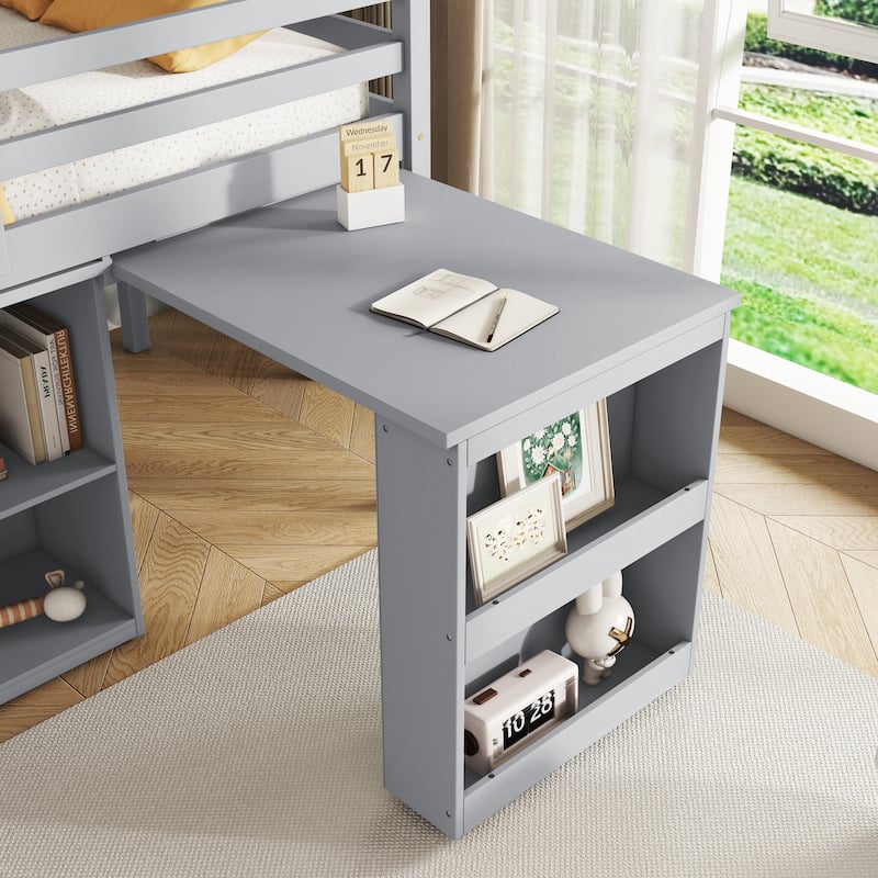 Twin Loft Bed with Drawer Cabinet, Shelf Cabinet, Pulling-Out Desk, and Safety Guardrail