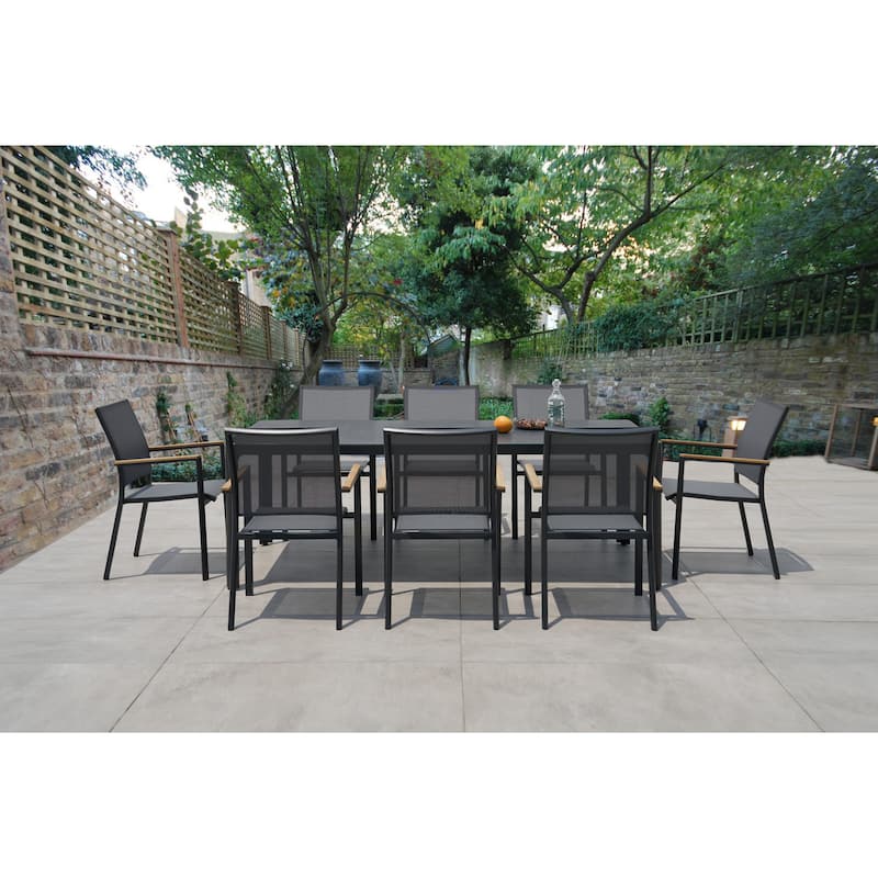 Campania Dark Grey 9-Piece Aluminum Outdoor Dining Set with Ceramic Glass Table Top - N/A