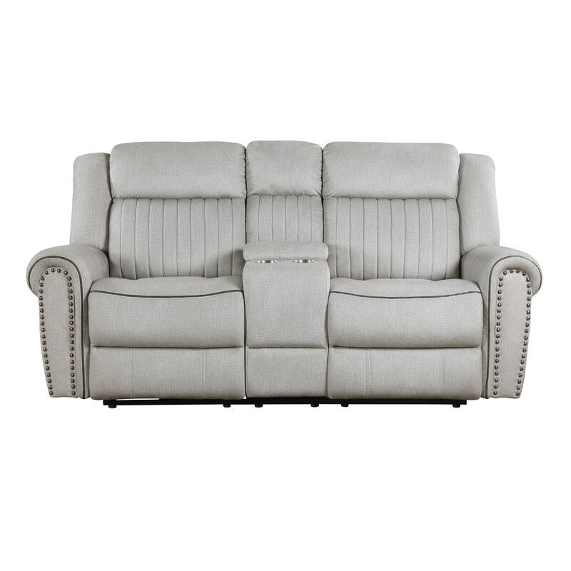 Ben Power Reclining Loveseat, 76 Inch, Gray Microfiber, Nailhead Trims