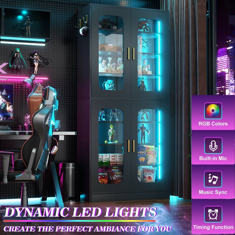 8-Tier Shoe Cabinet with LED Light, 32 Pairs Tall Shoe Storage Organizer with Side Hooks