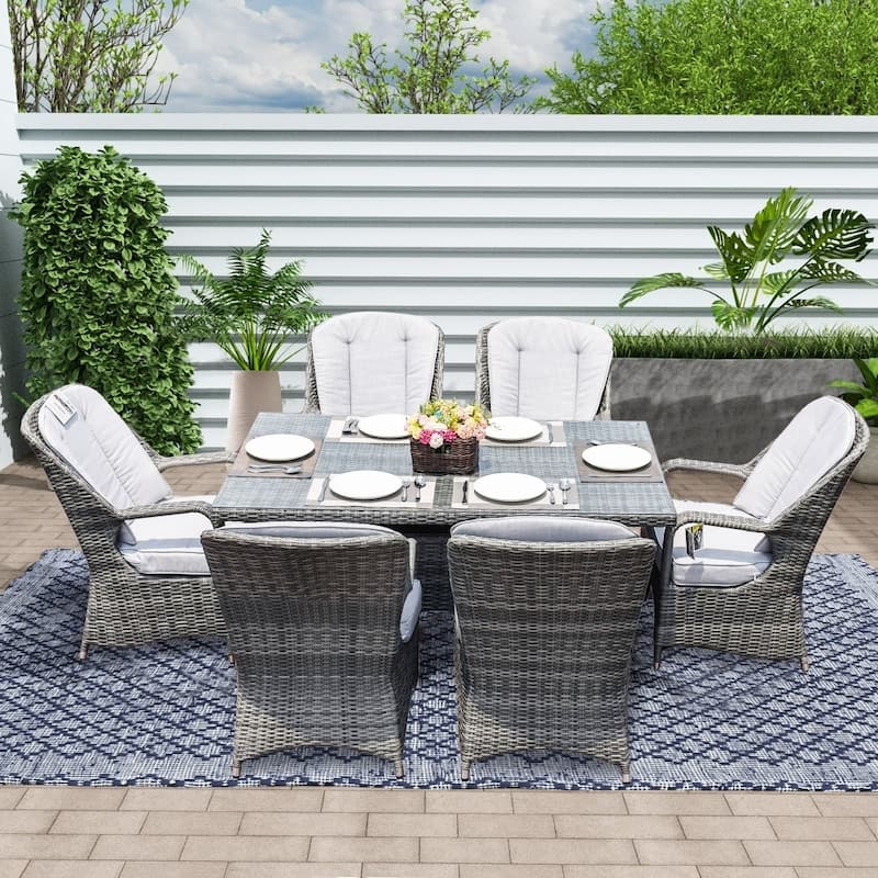 Modern 7-piece Outdoor Rectangular Wicker Aluminum Dining Set with 6 Chairs - Grey