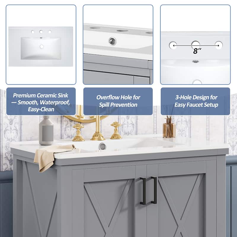 30" Modern Bathroom Vanity with Single Sink, Solid Wood Frame, Soft-Close Doors, and Storage Shelves