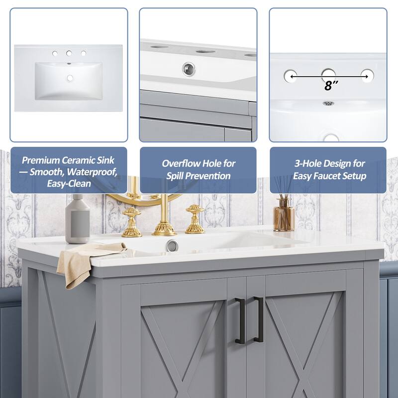 30 Inch Bathroom Vanity Single Sink Solid Wood MDF 2 Soft Close Doors 1 Divided Drawer