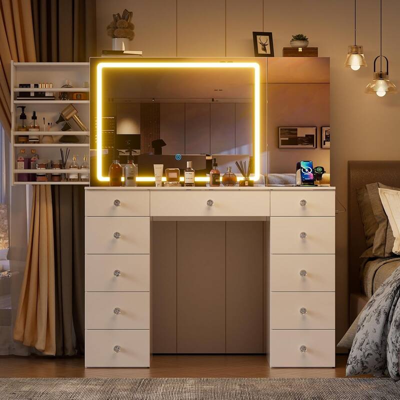 PAKASEPT Vanity Set with Lighted Mirror, Large Vanity Desk with Charging Station
