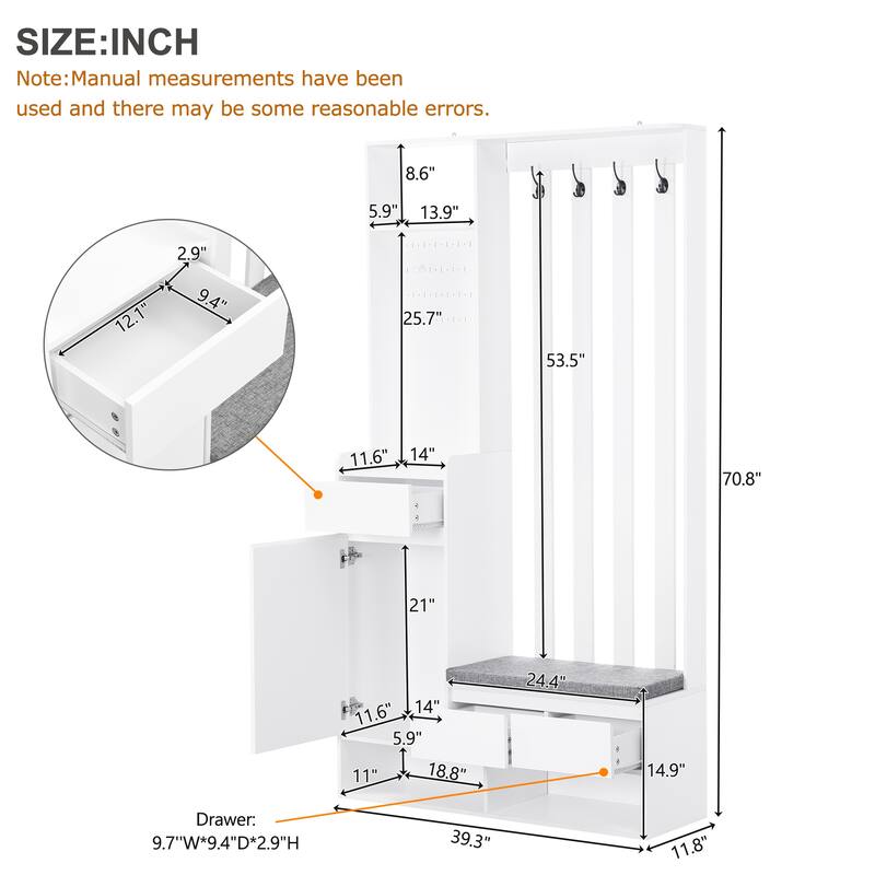 Modern Hall Tree Hallway Shoe Cabinet with Cushioned Bench, Pegboard, 4 Hooks, and Storage Shelves for Entryway and Mudroom