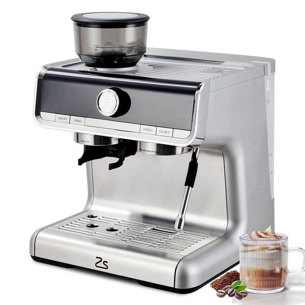 slide 2 of 32, 20 BAR Semi-Automatic Espresso Machine with Built-in Grinder Milk Steamer Silver