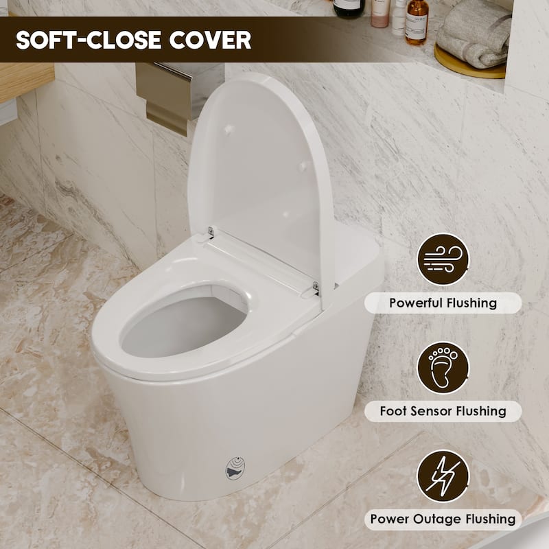 Smart Toilet with Heated Seat & Foot Sensor Flush - Tankless, Dual Flush, Night Light, Upmarket Compact White Ceramic Toilet
