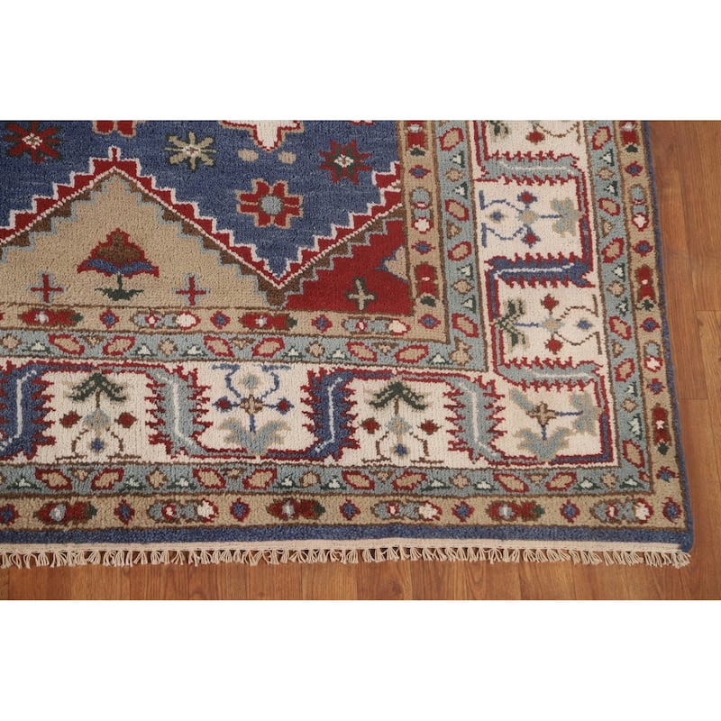 Blue Geometric Kazak Oriental Area Rug Handmade Wool Carpet - 7'10" x 9'9"