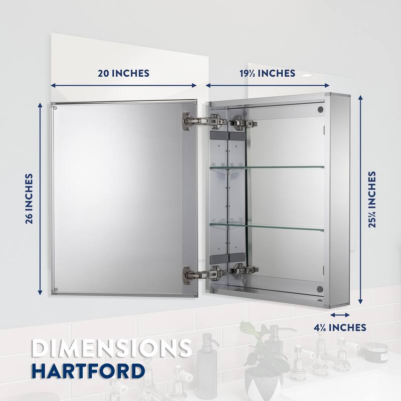 Croydex Hartford Single Door Aluminum Medicine Cabinet, Easy Install, Recessed or Surface Mount 20W x 26H