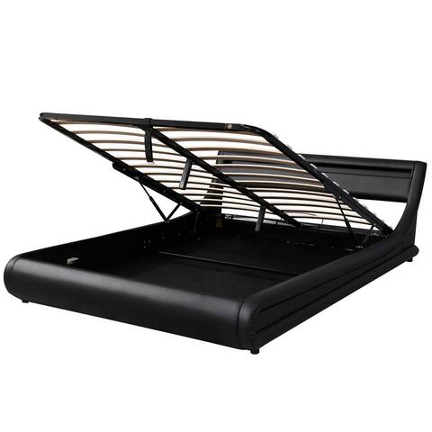 Queen Size Hydraulic Storage System Platform Bed with Faux Leather Upholstery&LED Lights for Small Bedroom City Aprtment Dorm
