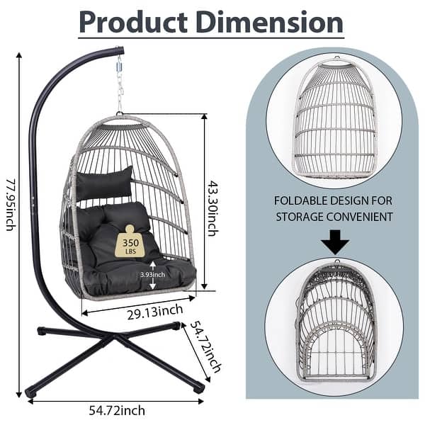dimension image slide 0 of 2, HDPE Egg Hanging Chair with Stand - 350lb Capacity Indoor/Outdoor Swing Chair, Includes Cushion and Adjustable Chain