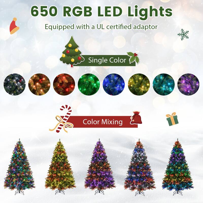 Costway 5/6/7/8 FT Artificial Christmas Tree with 250/370/500/650 RGB - Green - See Details