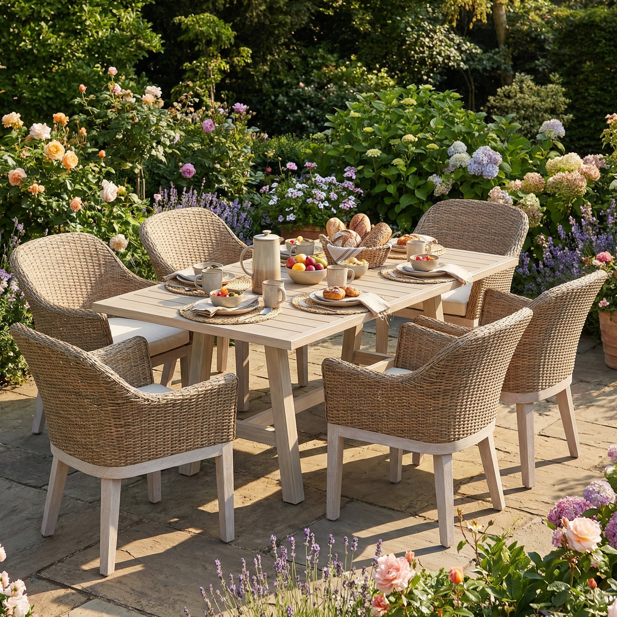 All-Weather Outdoor Dining Set with Rectangular Wood Table & PE Rattan Patio Chairs with Rust-Resistant Aluminum Frames