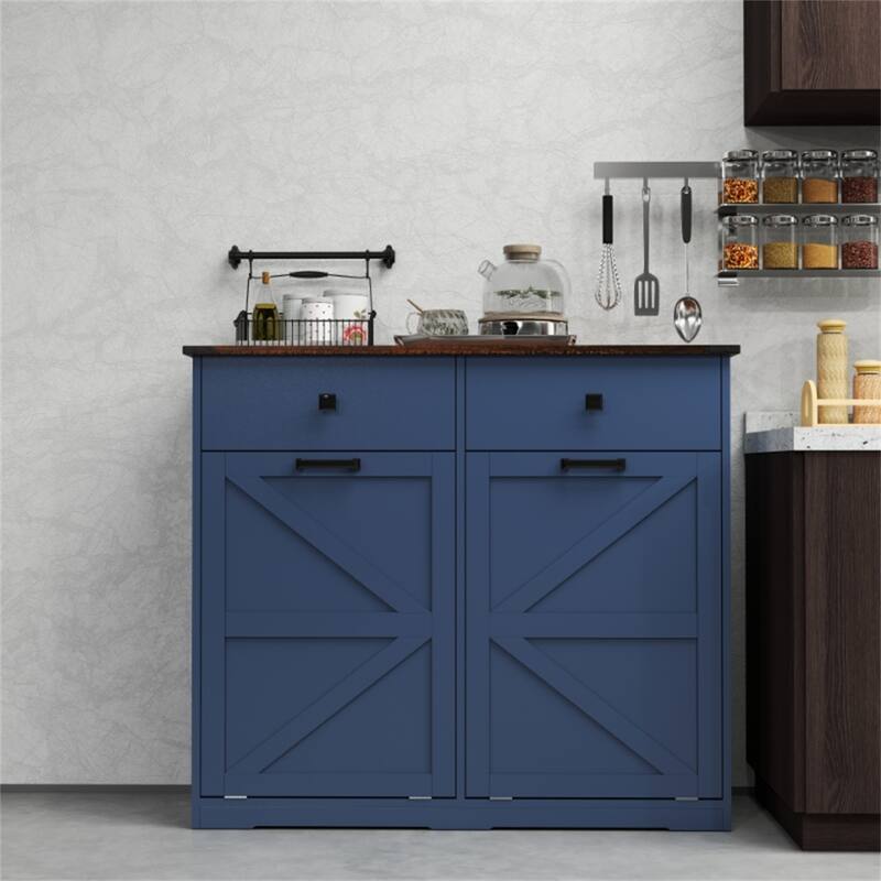 Farmhouse Trash & Recycling Cabinet with Hideaway Drawer - Antique Navy Blue