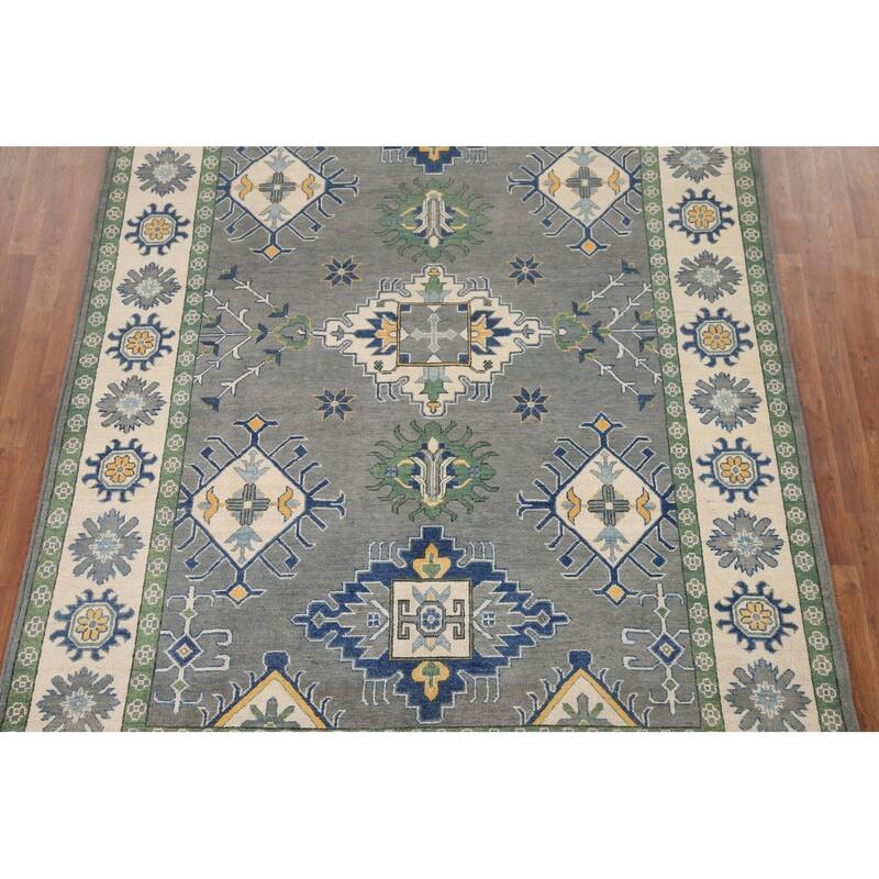 Hand Knotted Oriental 100% Wool Carpet Traditional Geometric Greys & Charcoal Kazak Area Rug - 9' 10'' X 6' 8''