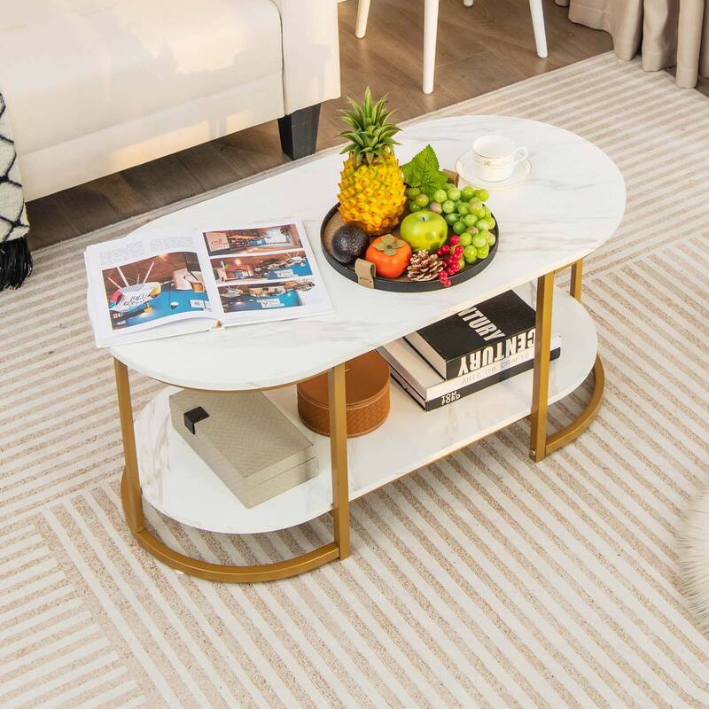 Costway White Marble Coffee Table Modern 2-Tier Center Table with - See Details