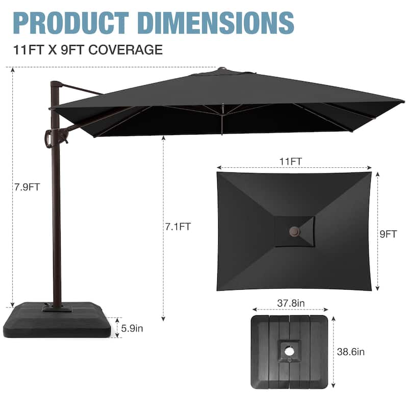 Outdoor 9 x 11 Ft Cantilever Patio Umbrella 360 Degree Rotation with Weight Base