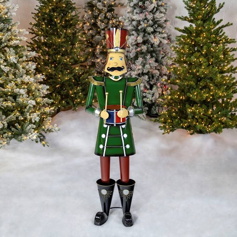 Iron Christmas Green Nutcracker "Leo" Holding Drum - 19"x15"x60" - Green