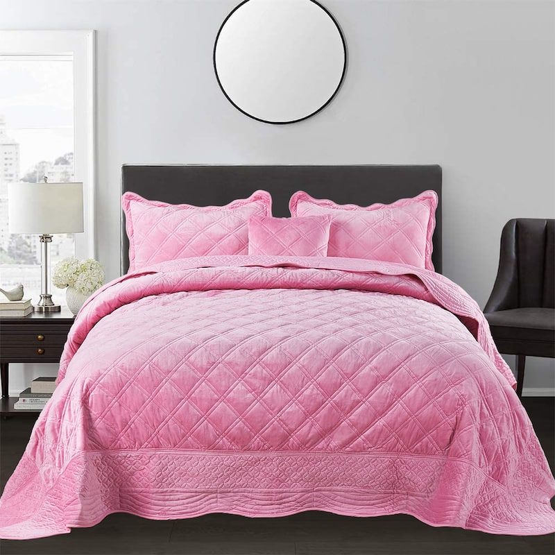 Serenta Supersoft Microplush Quilted 4 Pieces Bedspread Coverlet Set - Pink - Queen