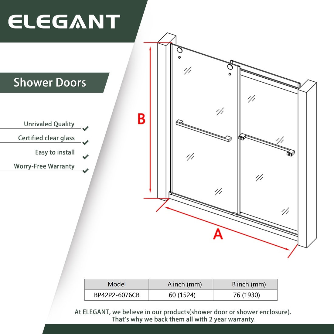 ELEGANT Sliding Shower Door 48 in. W x 76 in. H Sliding Shower Enclosure  with 3/8 in. Clear Tempered…See more ELEGANT Sliding Shower Door 48 in. W x
