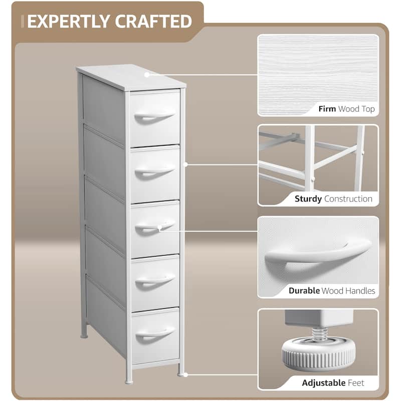 Sorbus Narrow Dresser with 5 Drawers - Vertical Slim Storage Chest of Drawers with Steel Frame, Wood Top & Easy Pull Fabric Bins
