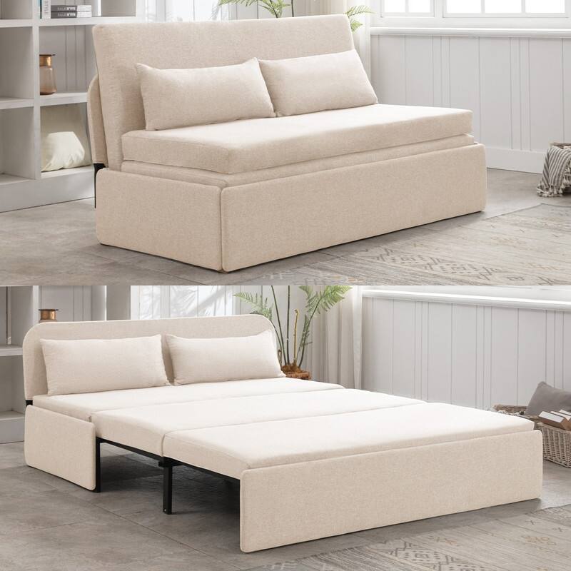 Mixoy Linen 2-in-1 Convertible Sofa Bed,Twin/Queen Pull Out Sleeper Sofa with Mattress,Cushions - Queen Size - Beige