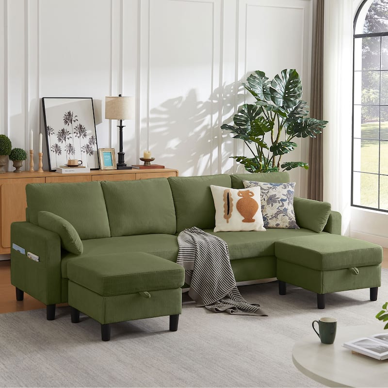 101'' Corduroy Upholstered Sectional Sofa With Storage Ottoman