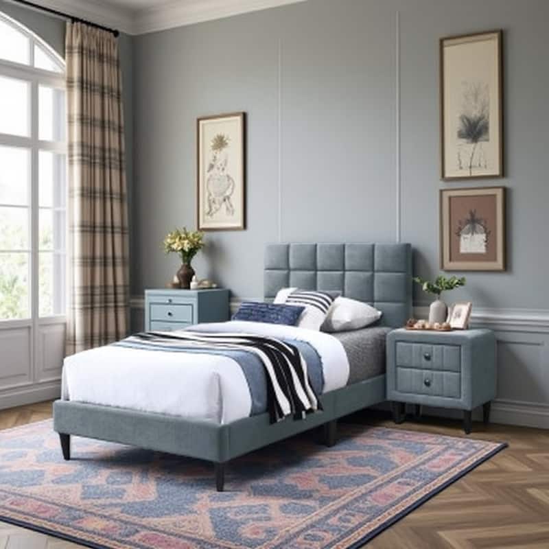 Twin Bed with Adjustable Headboard, Brushed Linen Fabric, Biscuit Tufting, 12-Slat Support System, No Box Spring Needed - Gray