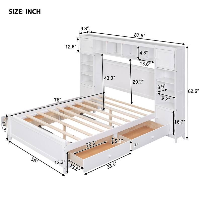 Full Size Platform Bed w/ All-in-One Cabinet & 10 Shelves, Wooden Bed Frame w/ 4 Drawers, Versatility Storage Bed for Kids Teens